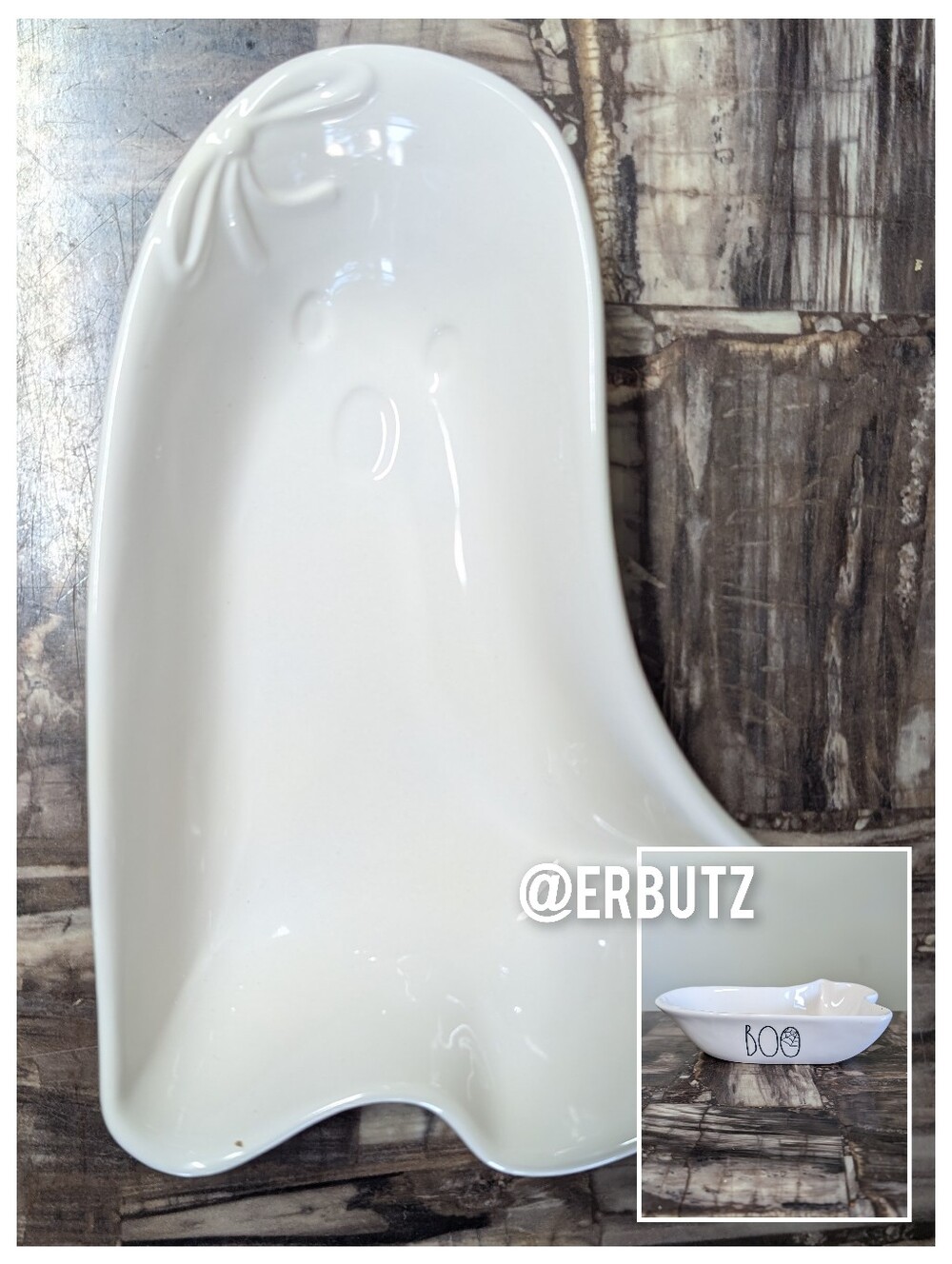 Rae Dunn BOO Ghost Shaped Serving Dish with Spiderweb & Bow Detail 🎀🕸️